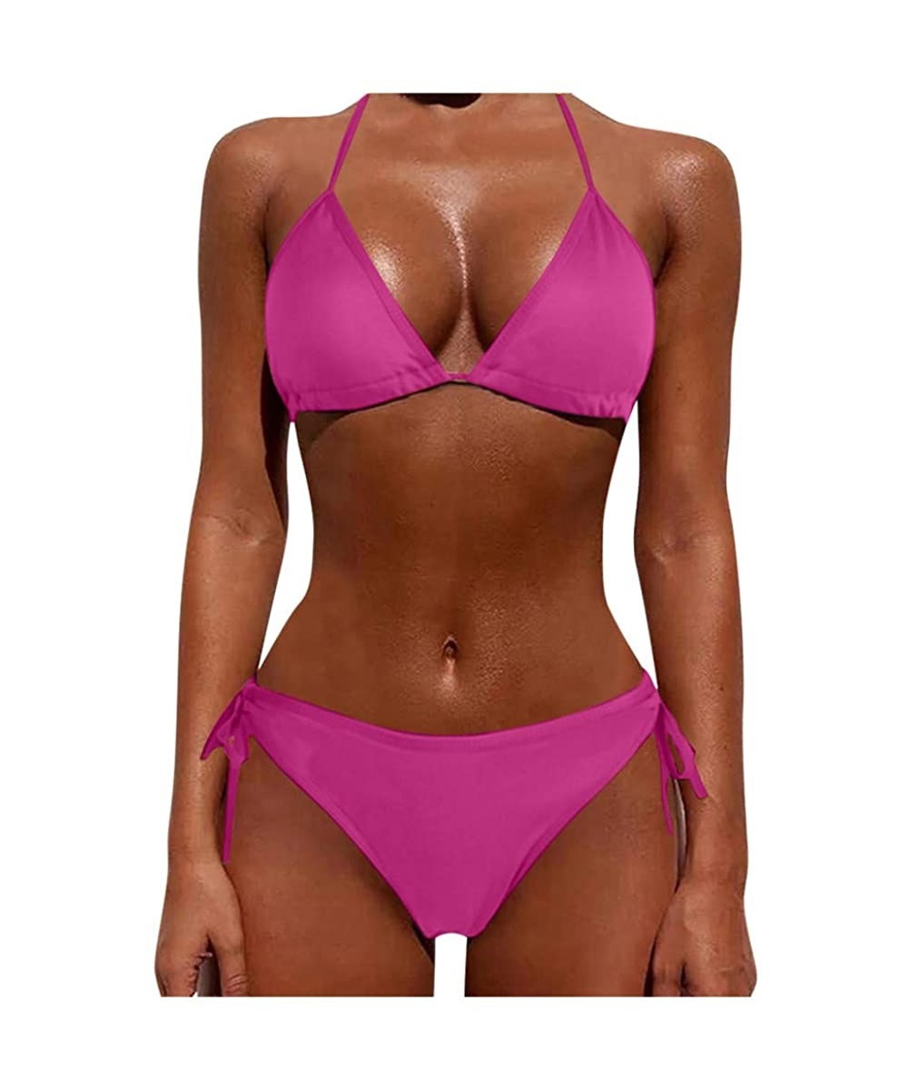 Women Two Piece Push Up Tankini Sets Plus Size Beachwear Swimsuit Bikini Set - Hot Pink - C1199IE2HUD $20.20-Sets