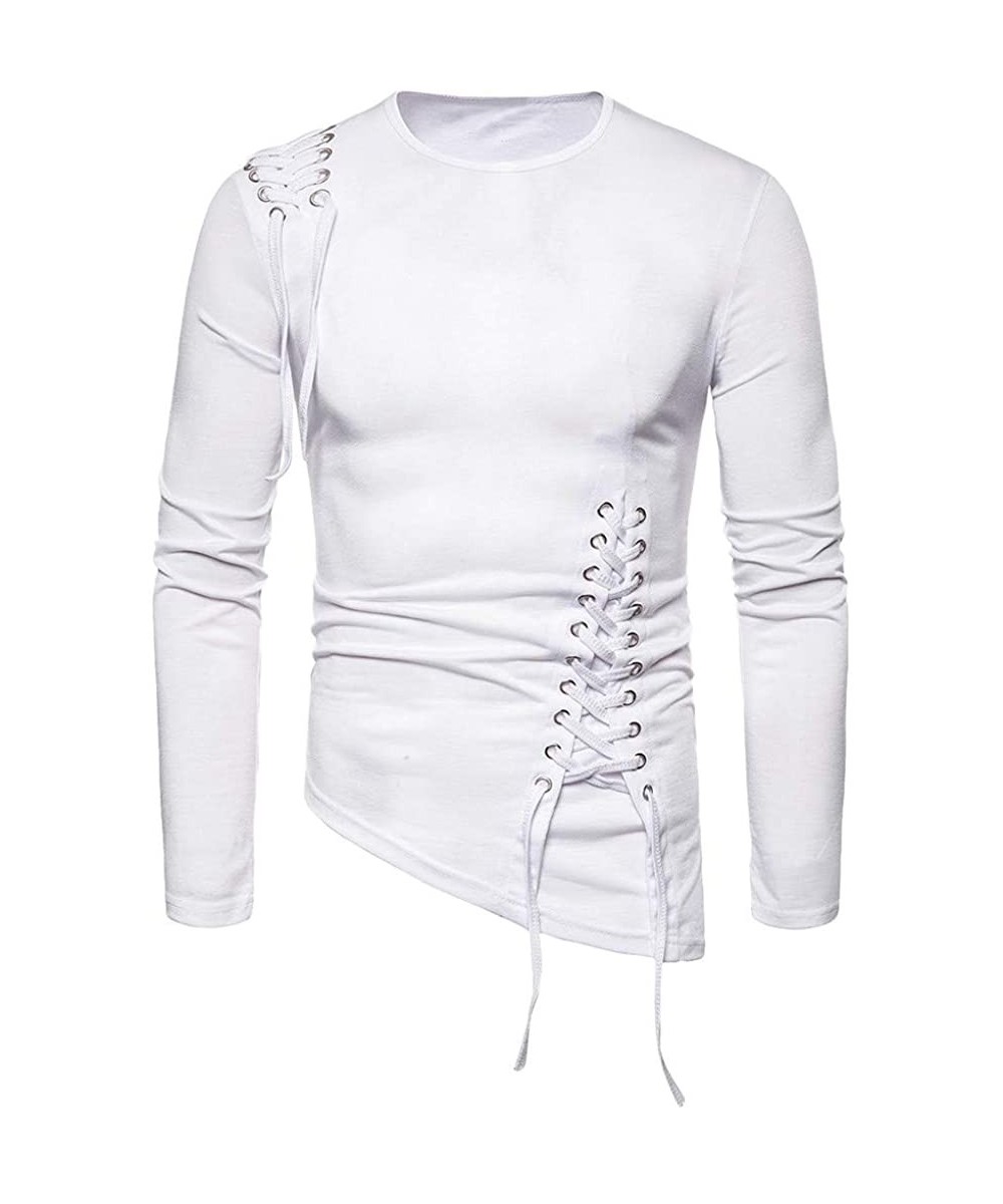 Blouse- Fashion Men Drawstring Casual Solid Long Sleeve O- Neck Tops Blouse T-Shirts - White - CZ18WTAYTNE $21.10-Rash Guards