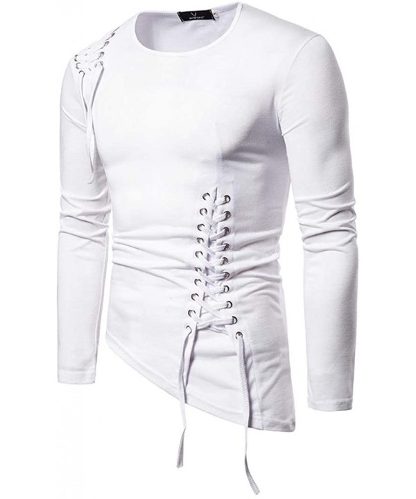 Blouse- Fashion Men Drawstring Casual Solid Long Sleeve O- Neck Tops Blouse T-Shirts - White - CZ18WTAYTNE $21.10-Rash Guards