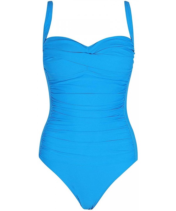 Women's Padded Push One Piece Swimsuits Ruched Front Tummy Control Bathing Suits Coastal V-Neck Swimwear - Blue - C618STZ7AQ3...