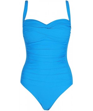 Women's Padded Push One Piece Swimsuits Ruched Front Tummy Control Bathing Suits Coastal V-Neck Swimwear - Blue - C618STZ7AQ3...