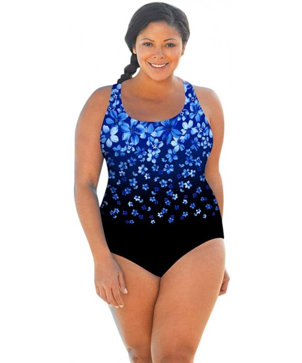 Chlorine Resistant Blue Flower Rain Plus Size Scoop Neck One Piece Swimsuit Size 26W - CG18A3YSYZR $36.01-One-Pieces