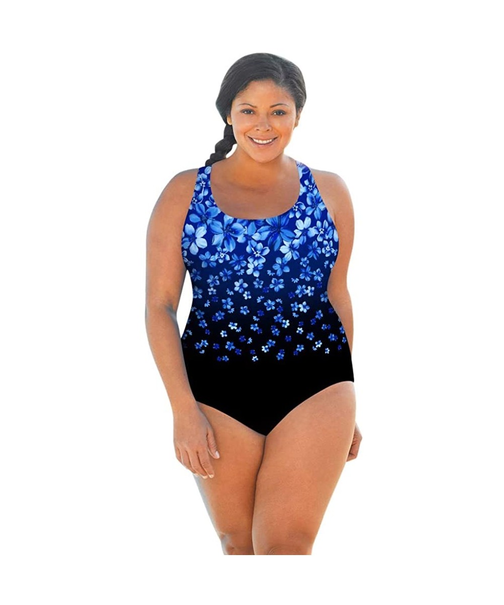 Chlorine Resistant Blue Flower Rain Plus Size Scoop Neck One Piece Swimsuit Size 26W - CG18A3YSYZR $36.01-One-Pieces