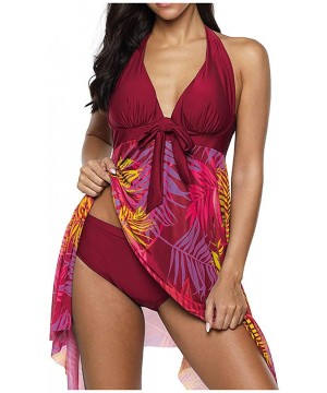 Women's Plus Size Tankini Patchwork Mesh Bohemia Print Padded Dress Briefs Two Piece Swimsuit Bathing Suit Wine Red 1 - CZ194...