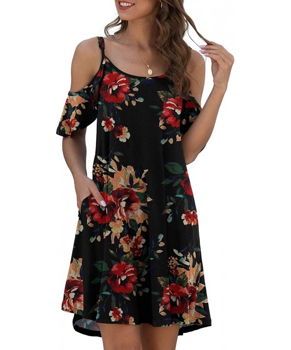 Women's Summer Casual Spaghetti Strap Sundress Dress Cold Shoulder Ruffle Sleeves Dresses with Pocket - Flower Brown Black - ...