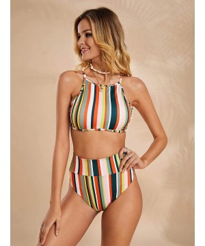 Womens Striped Printed Crop Top High Waisted Bikini Set Two Piece Swimsuits - 01 Green - CK18RX8X7Z0 $25.01-Sets