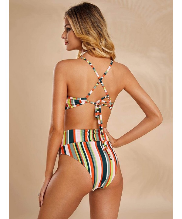 Womens Striped Printed Crop Top High Waisted Bikini Set Two Piece Swimsuits - 01 Green - CK18RX8X7Z0 $25.01-Sets