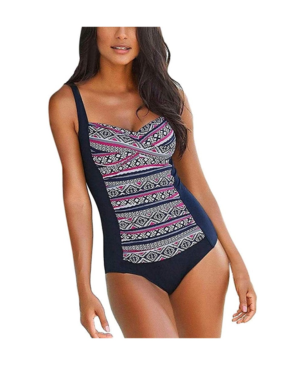 Women's Summer One Piece Swimsuit Vintage Print Halter Bikini Swimwear - Hot Pink - C418U0AZEZH $28.43-Rash Guards