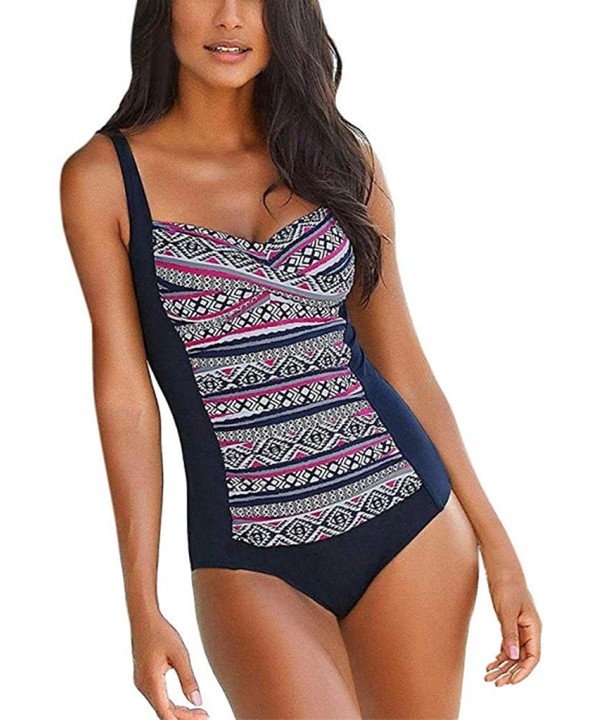 Women's Summer One Piece Swimsuit Vintage Print Halter Bikini Swimwear - Hot Pink - C418U0AZEZH $28.43-Rash Guards