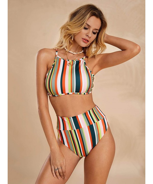 Womens Striped Printed Crop Top High Waisted Bikini Set Two Piece Swimsuits - 01 Green - CK18RX8X7Z0 $25.01-Sets