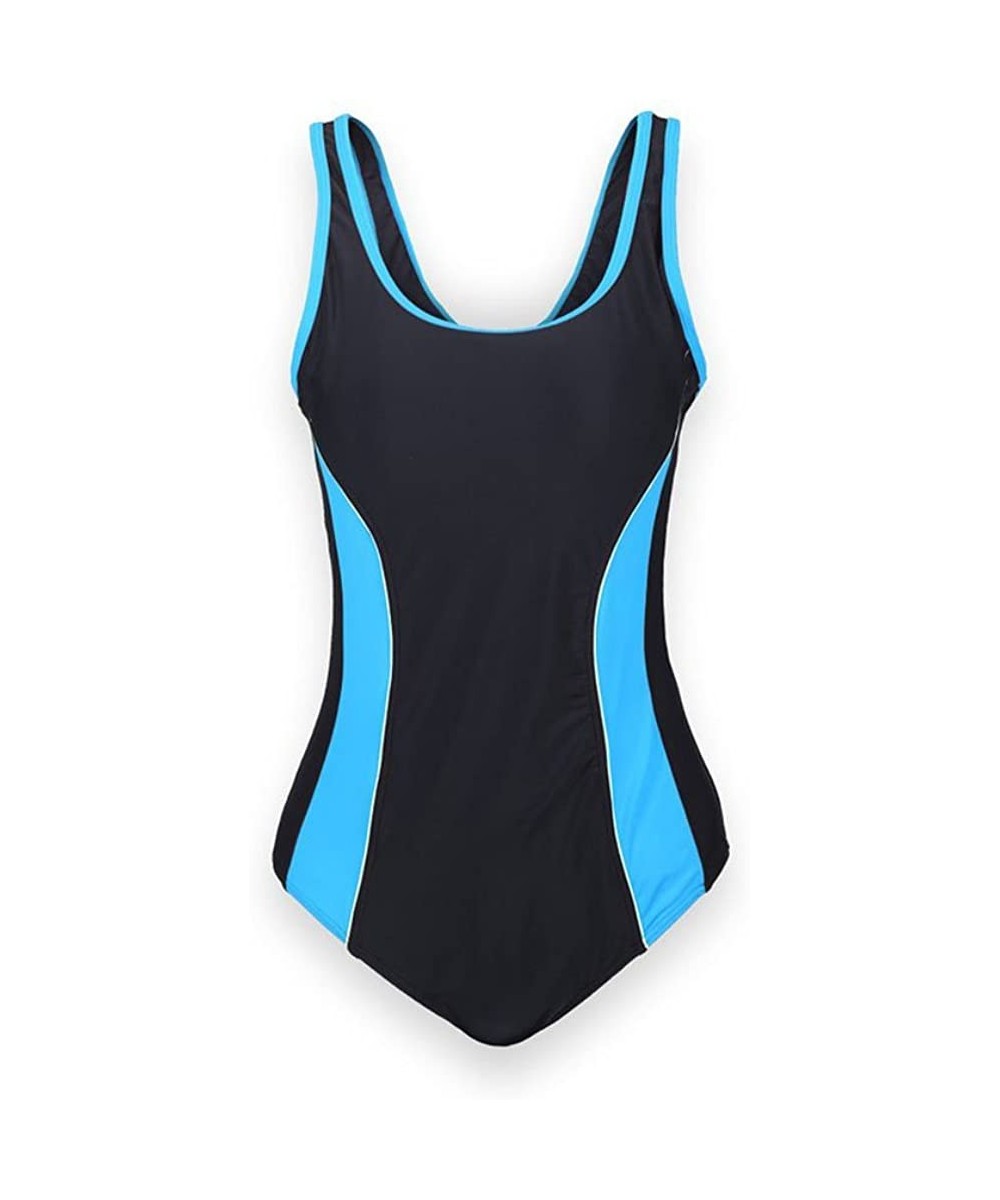 Women's Splice Pure Color Scoop Back One Piece Swimwear Bathing Suit - A-black/Skyblue - CG12G31EKX9 $17.61-One-Pieces