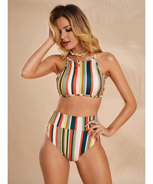 Womens Striped Printed Crop Top High Waisted Bikini Set Two Piece Swimsuits - 01 Green - CK18RX8X7Z0 $25.01-Sets