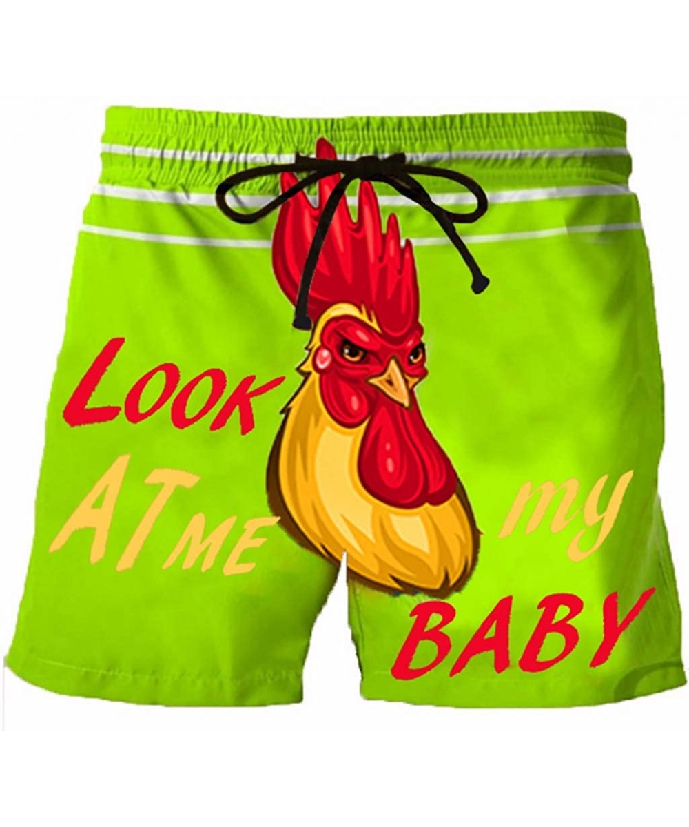 Mens Funny Swim Trunks-Look at Me My Baby-Summer Drawstring Cock Print Quick Dry Swim Suits Vacation Surf Board Shorts - Gree...