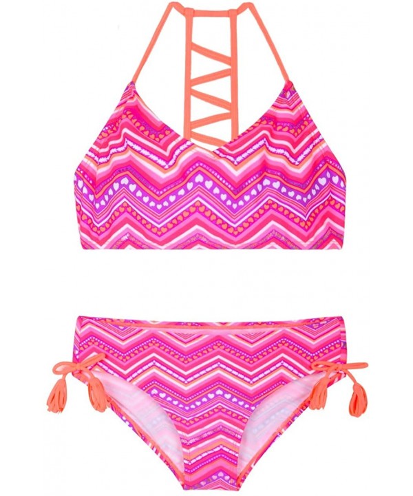 Girl's Strappy Bikini Set Two Piece Swimsuits Side Tie Hipster Swimwear Tassels Tankini Set - Pink&purple - CZ19GMDMUZ7 $15.5...