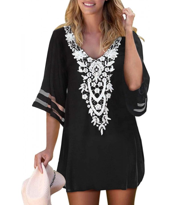 Women's Crochet Chiffon Tassel Swimsuit Bikini Pom Pom Trim Swimwear Beach Cover Up - Z Black - C8198CUT72S $20.81-Cover-Ups