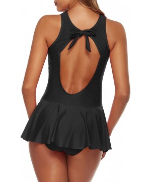 Womens Two Piece Tankini Swimdress Mesh Plunge Ruched Bathing Suit - Black - C4196GUQW06 $24.91-One-Pieces