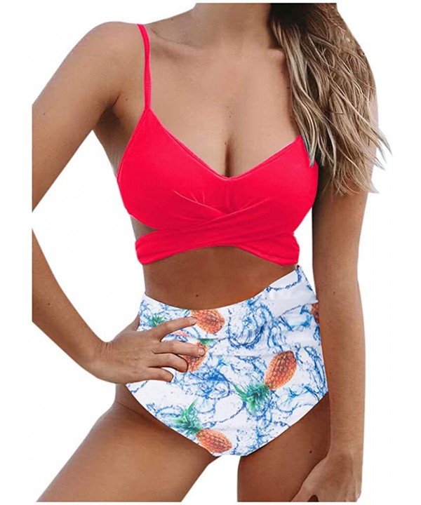 Womens Padded Push-up Bikini Set Bathing Suits High Waisted Two Pieces Swimsuit - Red - CH193XGYYKR $19.25-Sets