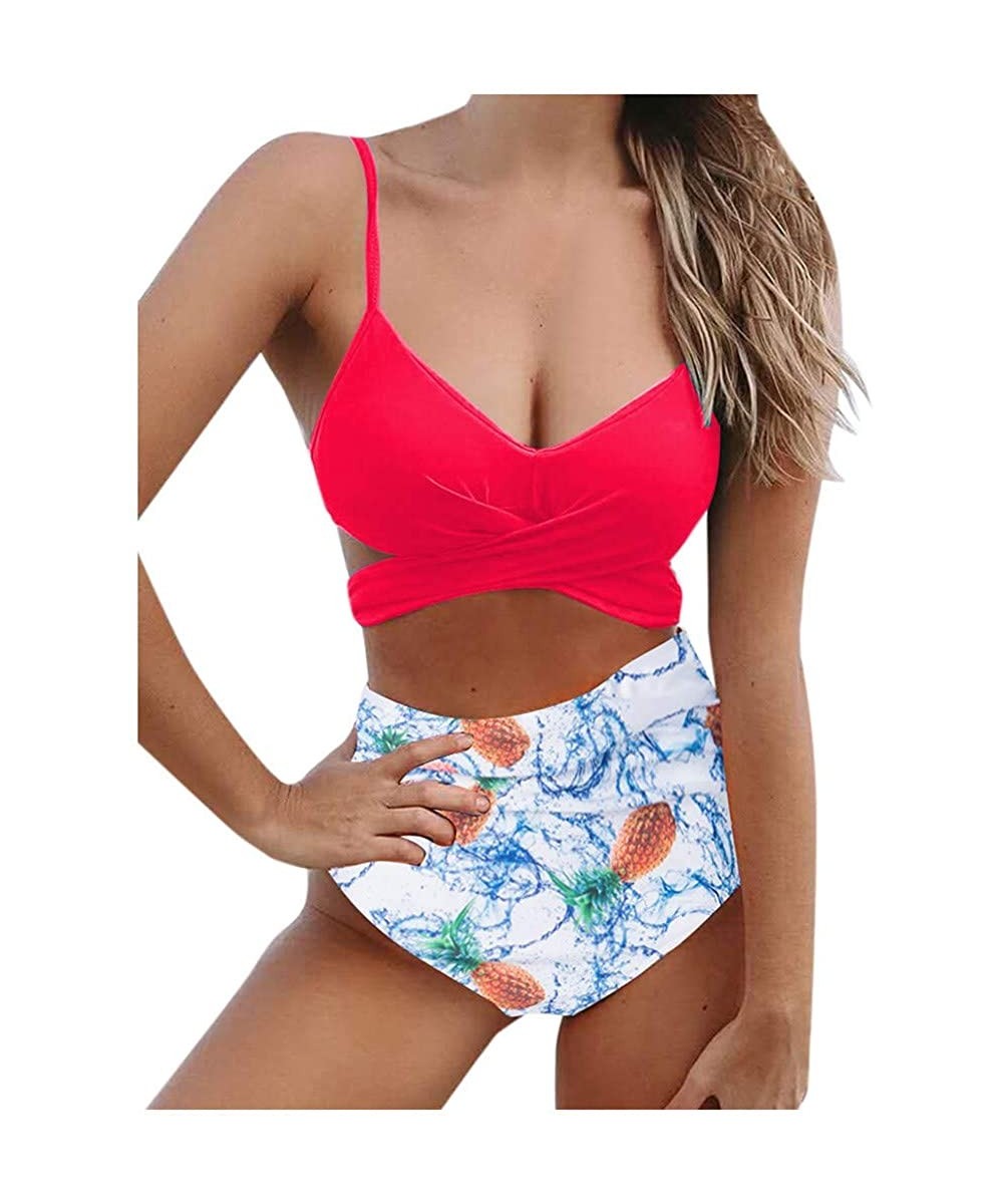 Womens Padded Push-up Bikini Set Bathing Suits High Waisted Two Pieces Swimsuit - Red - CH193XGYYKR $19.25-Sets