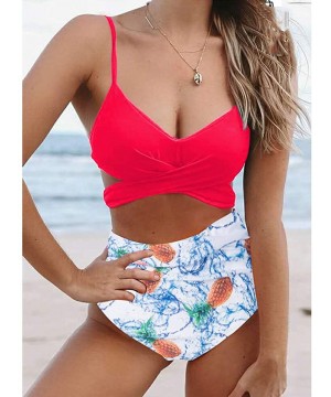 Womens Padded Push-up Bikini Set Bathing Suits High Waisted Two Pieces Swimsuit - Red - CH193XGYYKR $19.25-Sets