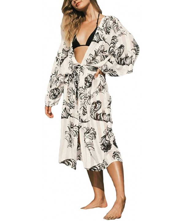 Casual Beach Cover Up for Women Print Bikini Kimono Cardigan Swimwear - A- Feather Print - CT198KWWRCD $21.35-Cover-Ups