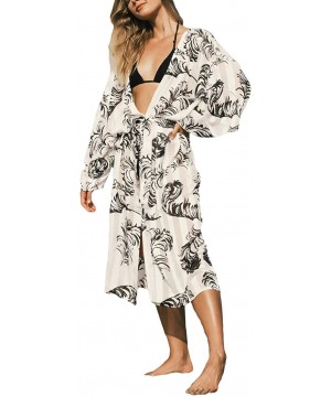 Casual Beach Cover Up for Women Print Bikini Kimono Cardigan Swimwear - A- Feather Print - CT198KWWRCD $21.35-Cover-Ups