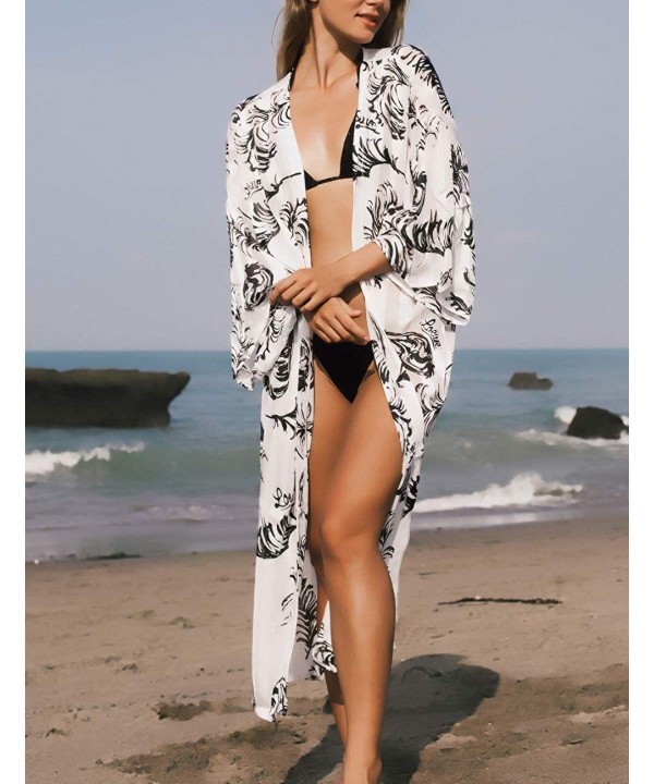 Casual Beach Cover Up for Women Print Bikini Kimono Cardigan Swimwear - A- Feather Print - CT198KWWRCD $21.35-Cover-Ups