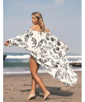 Casual Beach Cover Up for Women Print Bikini Kimono Cardigan Swimwear - A- Feather Print - CT198KWWRCD $21.35-Cover-Ups