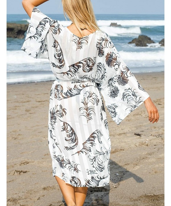 Casual Beach Cover Up for Women Print Bikini Kimono Cardigan Swimwear - A- Feather Print - CT198KWWRCD $21.35-Cover-Ups