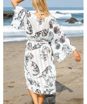 Casual Beach Cover Up for Women Print Bikini Kimono Cardigan Swimwear - A- Feather Print - CT198KWWRCD $21.35-Cover-Ups