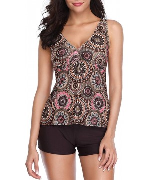 Women Two Piece Swimwear Retro Printed Bathing Suit Stripe Floral Beachwear Tankini Top with Boyshorts Swimsuit Brown - C918L...