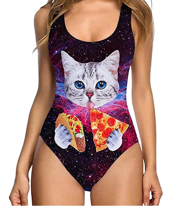 Women Sexy High Cut One Piece Swimsuit Funny Bathing Suit Monokini Swimwear- Women's Cat Print One-Piece Swimsuit- Beach Bath...