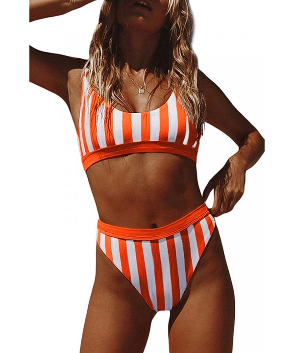 Womens High Waisted Bathing Suits Crop Tops Two Piece Swimsuit Sports High Cut Cheeky Bikini - Orange Stripe - CX19995GKZU $3...