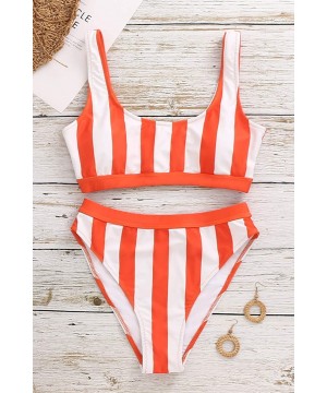 Womens High Waisted Bathing Suits Crop Tops Two Piece Swimsuit Sports High Cut Cheeky Bikini - Orange Stripe - CX19995GKZU $3...