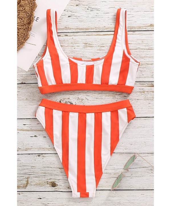 Womens High Waisted Bathing Suits Crop Tops Two Piece Swimsuit Sports High Cut Cheeky Bikini - Orange Stripe - CX19995GKZU $3...