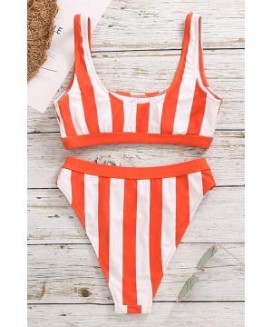 Womens High Waisted Bathing Suits Crop Tops Two Piece Swimsuit Sports High Cut Cheeky Bikini - Orange Stripe - CX19995GKZU $3...