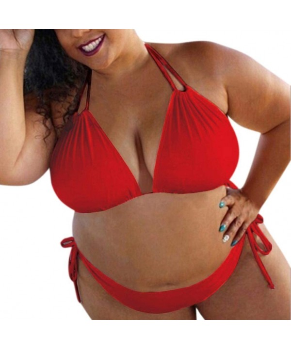 Plus Size 2Pcs Swimwear For Womens Solid Push Up Padded Plus Size Bikini Set Casual Swimsuit Bathing Suit - Red - CL196H8HS9R...