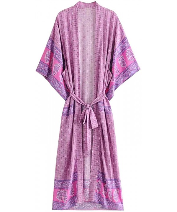 Women's Vintage Floral Print Beach Boho Cardigan Kimono Maxi Swimwear Cover up Dress Wrap - Purple - C718YIR2058 $20.63-Cover...