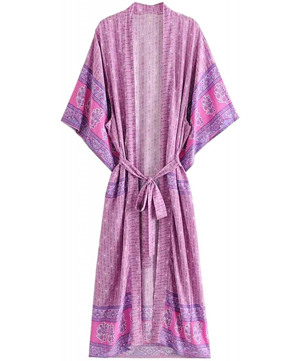 Women's Vintage Floral Print Beach Boho Cardigan Kimono Maxi Swimwear Cover up Dress Wrap - Purple - C718YIR2058 $20.63-Cover...