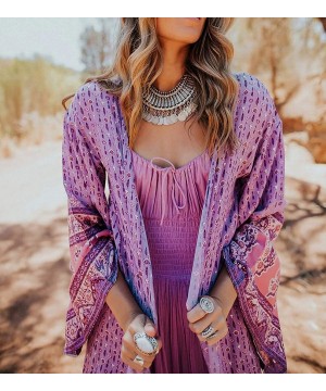 Women's Vintage Floral Print Beach Boho Cardigan Kimono Maxi Swimwear Cover up Dress Wrap - Purple - C718YIR2058 $20.63-Cover...