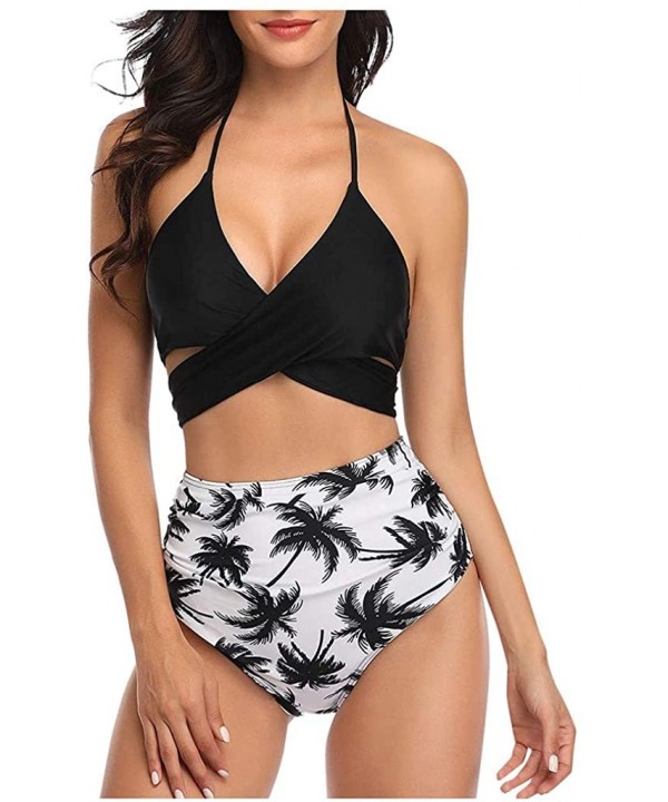 Sexy Women Halter Front Cross Bathing Suits Wrap Bikini Push Up Padded Swimwear Set Two Piece Swimsuit Black Leaf - CC1942KCI...