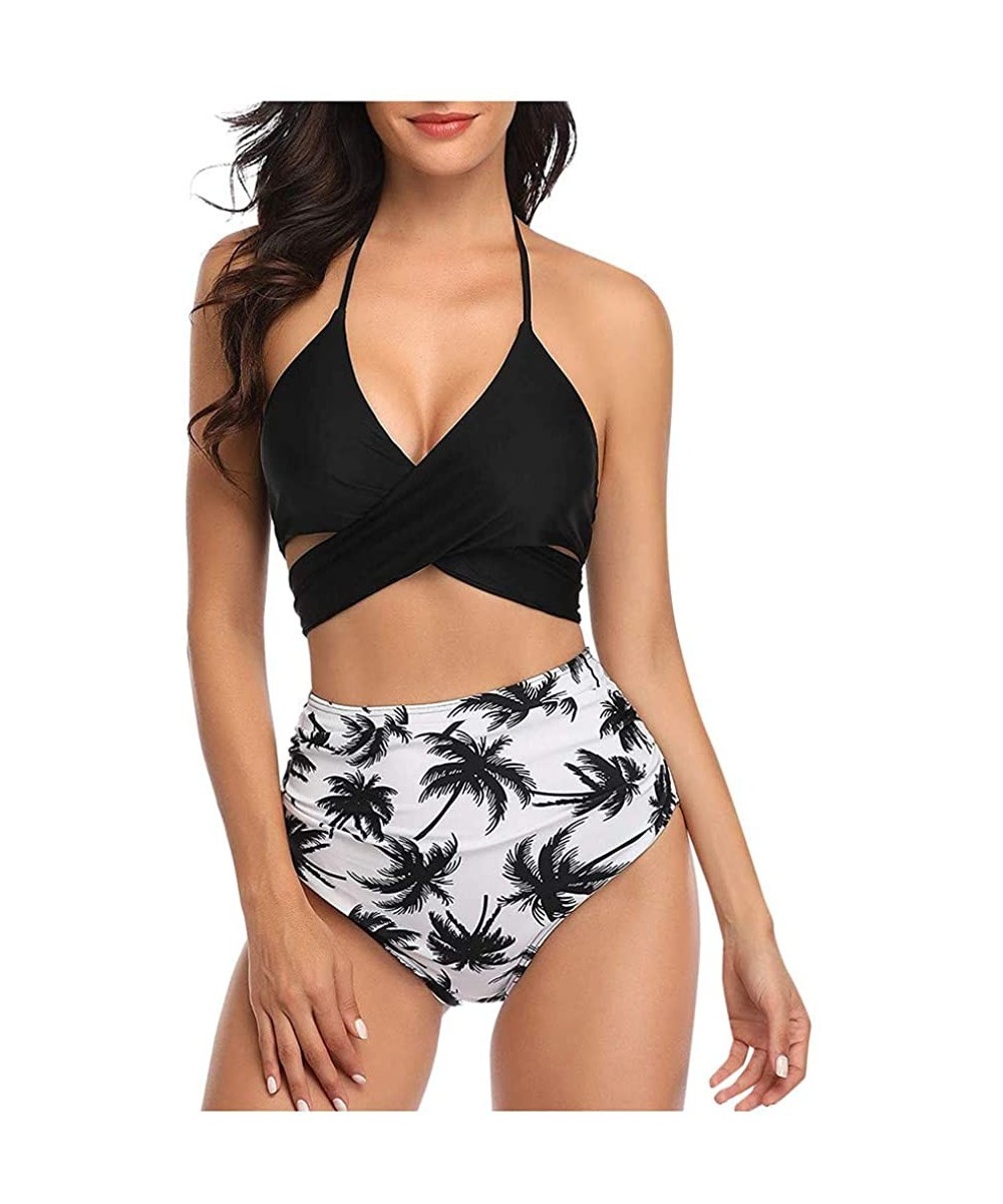 Sexy Women Halter Front Cross Bathing Suits Wrap Bikini Push Up Padded Swimwear Set Two Piece Swimsuit Black Leaf - CC1942KCI...