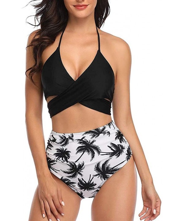 Sexy Women Halter Front Cross Bathing Suits Wrap Bikini Push Up Padded Swimwear Set Two Piece Swimsuit Black Leaf - CC1942KCI...