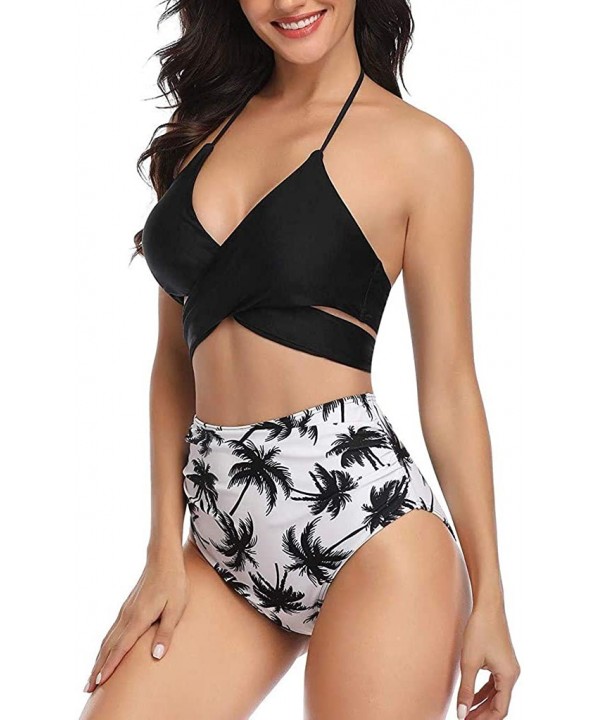 Sexy Women Halter Front Cross Bathing Suits Wrap Bikini Push Up Padded Swimwear Set Two Piece Swimsuit Black Leaf - CC1942KCI...