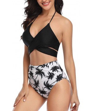 Sexy Women Halter Front Cross Bathing Suits Wrap Bikini Push Up Padded Swimwear Set Two Piece Swimsuit Black Leaf - CC1942KCI...