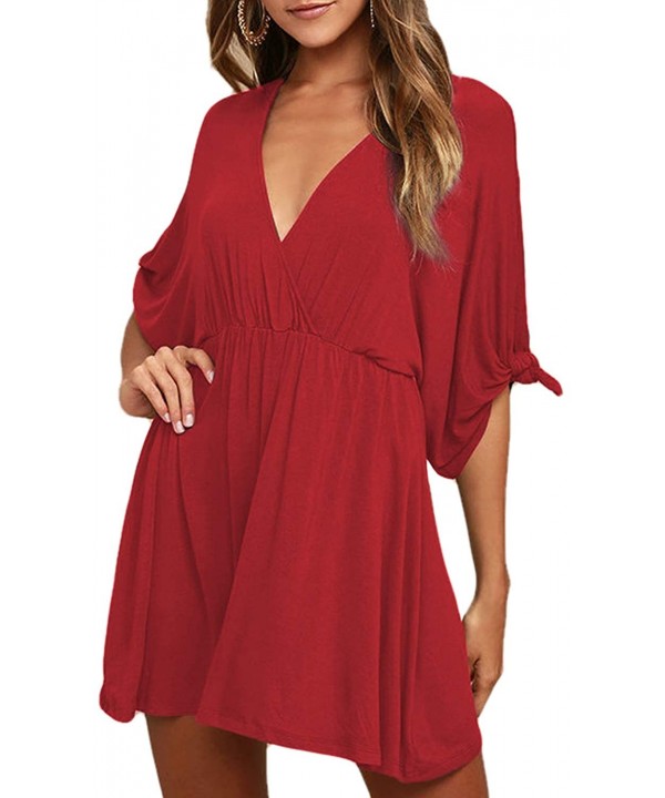 Women's Summer Casual V Neck Flowy T Shirt Cover up Dress - Red - CE1983WI7RR $32.30-Cover-Ups