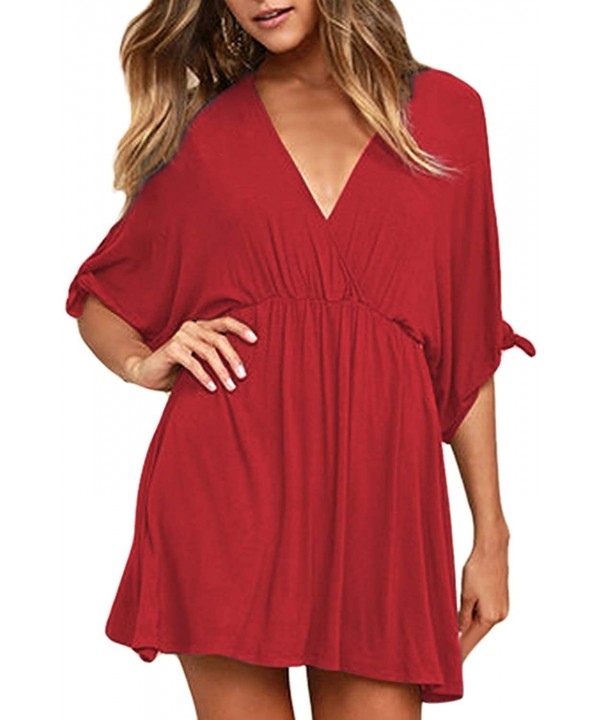 Women's Summer Casual V Neck Flowy T Shirt Cover up Dress - Red - CE1983WI7RR $32.30-Cover-Ups