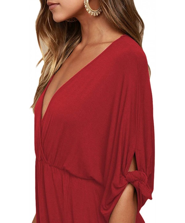 Women's Summer Casual V Neck Flowy T Shirt Cover up Dress - Red - CE1983WI7RR $32.30-Cover-Ups