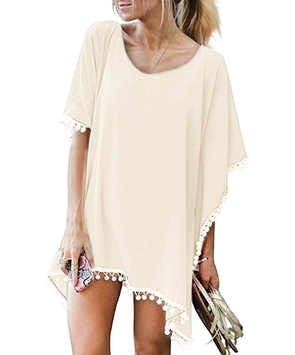 Women Chiffon Tassel Swimsuit Bikini Stylish Beach Cover up - Beige - CP18TI6D7HN $18.18-Cover-Ups