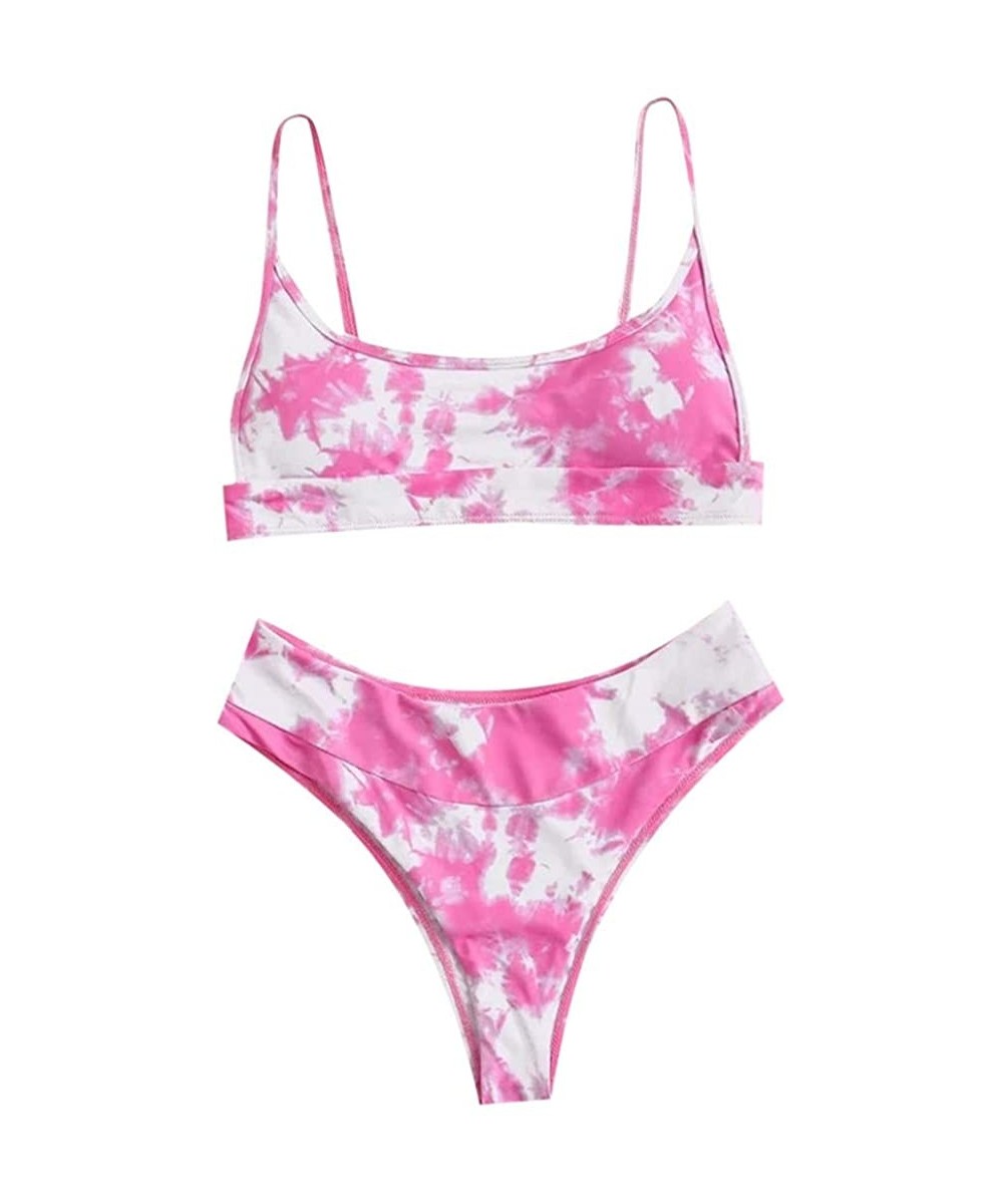 2020 Women's Sexy Tie-Dye Bikini Set Vintage Scoop Neck Front Knot Tops Ruffle Bottom Swimsuit - G-pink - CJ1903E2WQO $21.93-...