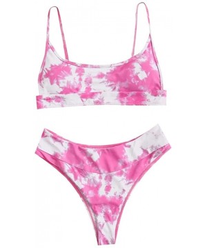 2020 Women's Sexy Tie-Dye Bikini Set Vintage Scoop Neck Front Knot Tops Ruffle Bottom Swimsuit - G-pink - CJ1903E2WQO $21.93-...